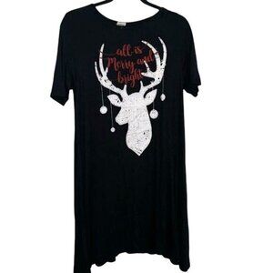 Black Holiday Dress W/ White Deer Graphic & Red "Merry And Bright" Text